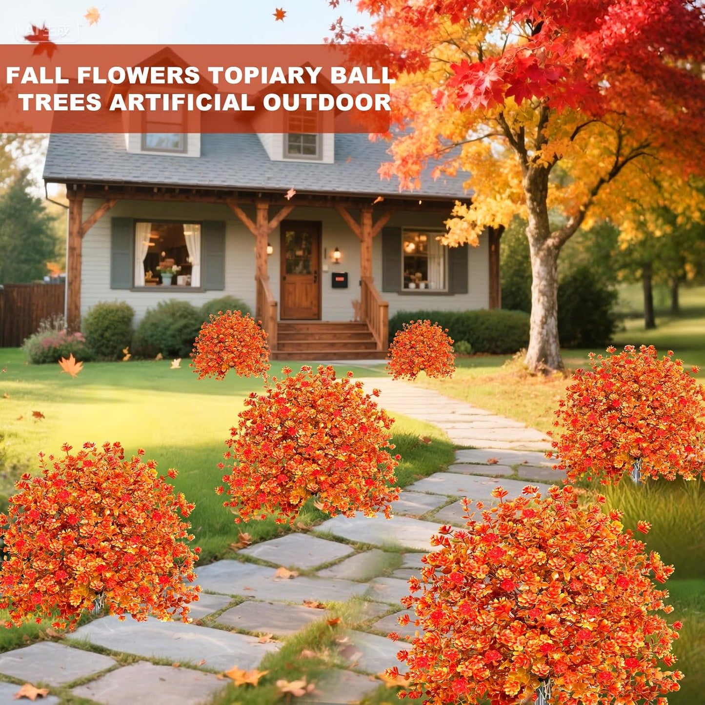 2 Pack Artificial Boxwood Topiary Ball Trees with Fall Flowers & Ground Spikes for Outdoor, UV Resistant Artificial Shrubs Faux Plants Fake Bushes Look Real for Garden Porch Yard Patio
