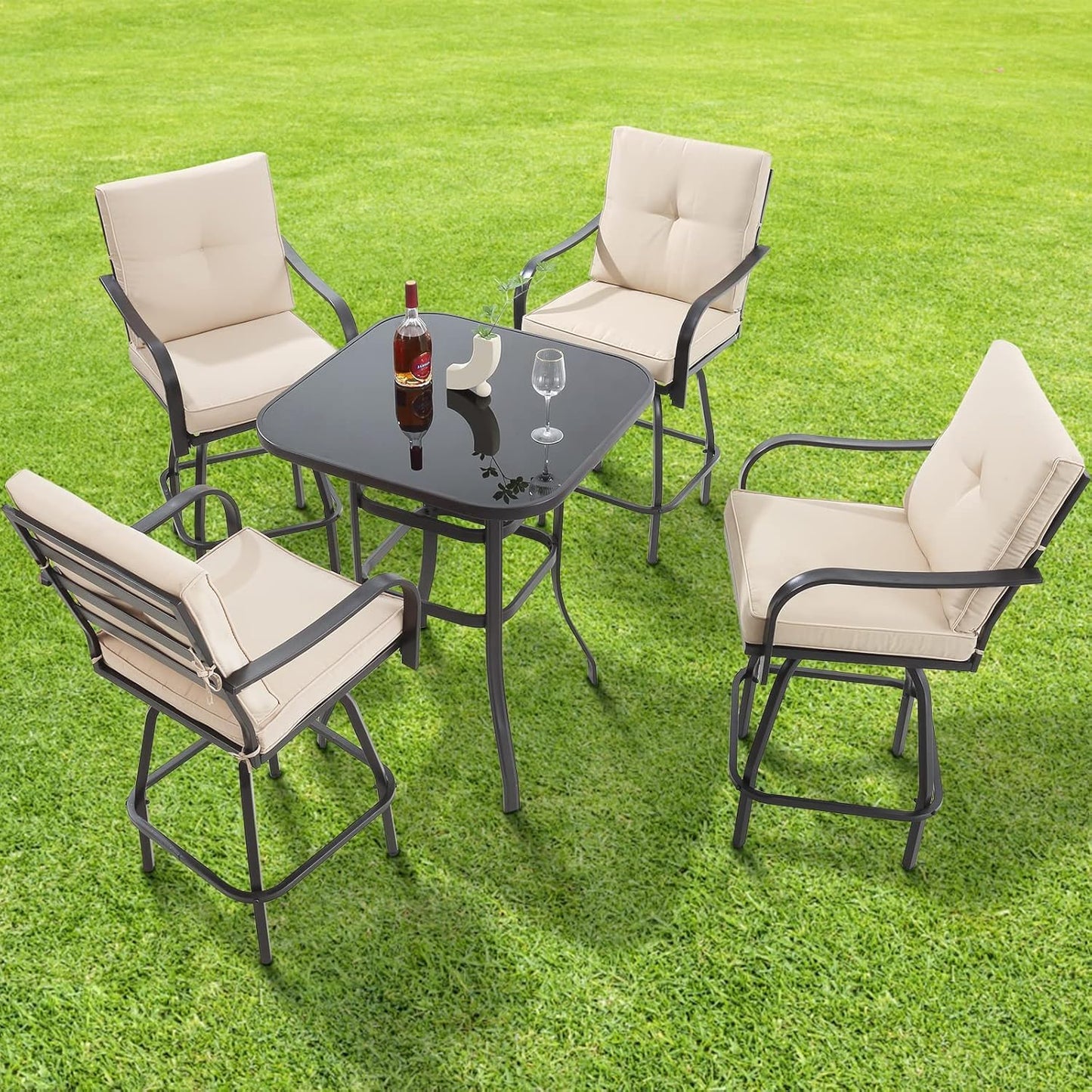Patio Swivel Bar Stools, Outdoor High Back Swivel Bar Chair Set of 4 with Cushion & All Weather Steel Frame for Backyard, Lawn, Poolside and Balcony, Beige