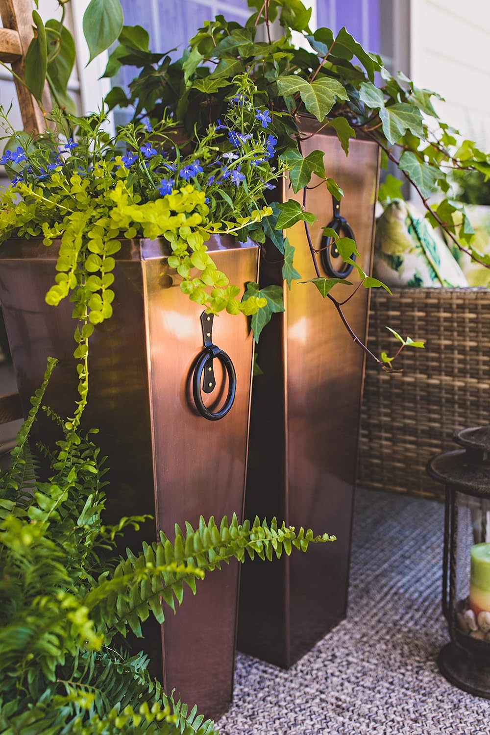 H Potter Tall Copper Planters Set of 2 – Antique Copper Hammered Stainless Steel Indoor Outdoor Planter with Insert & Drainage – Large Decorative Floor Planters for Entryway Porch Patio