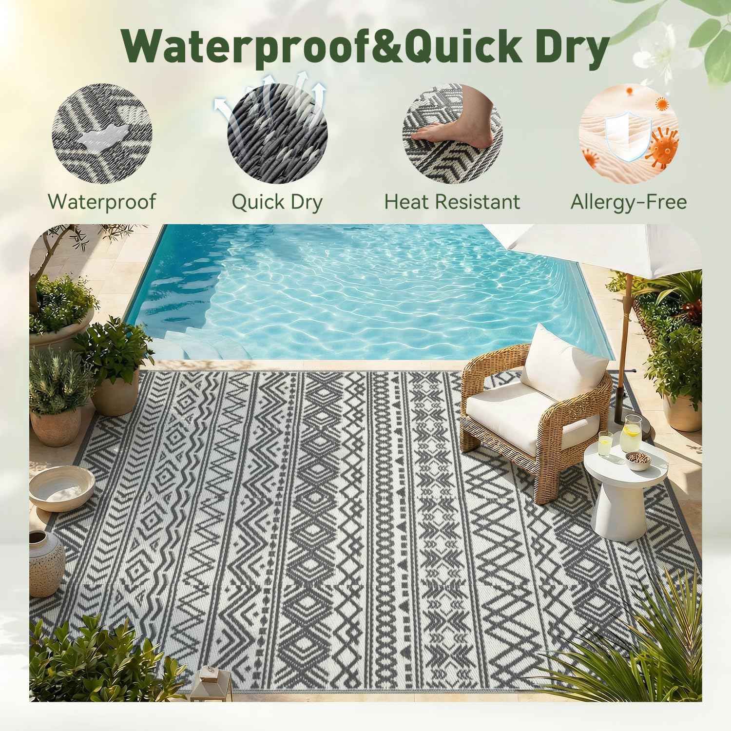 MontVoo-Outdoor Rug Waterproof 6x9 ft Outdoor Carpet Patio Rug Mat Reversible RV Camping Rug-Plastic Straw Rug Outside Outdoor Area Rug for Patio Deck Balcony Backyard Picnic Beach -Boho Grey