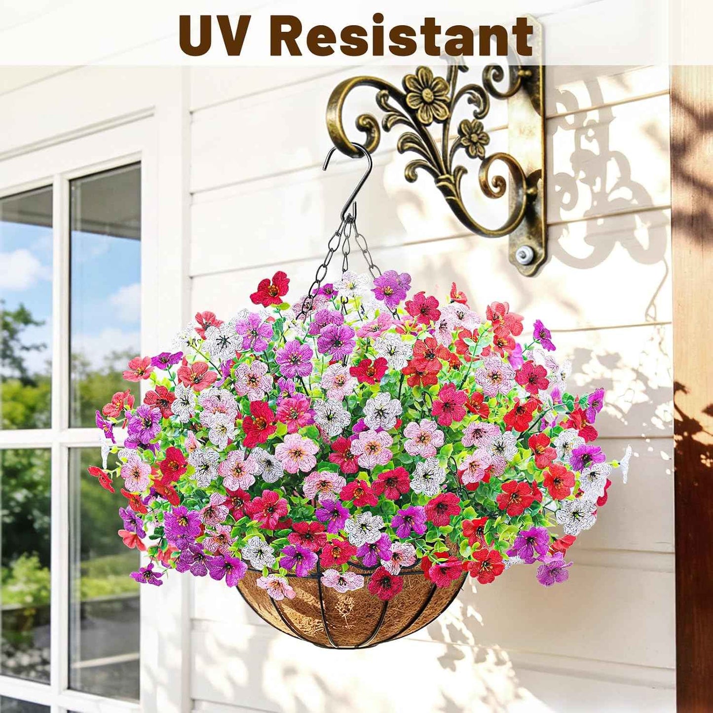 2 Pack Artfiticial Hanging Flowers Baskets for Outdoors, UV Resistant Faux Hanging Plants, 24 Pcs Fake Silk Flowers for Patio Garden Front Porch Balcony Decor (Mix 4 Colors)