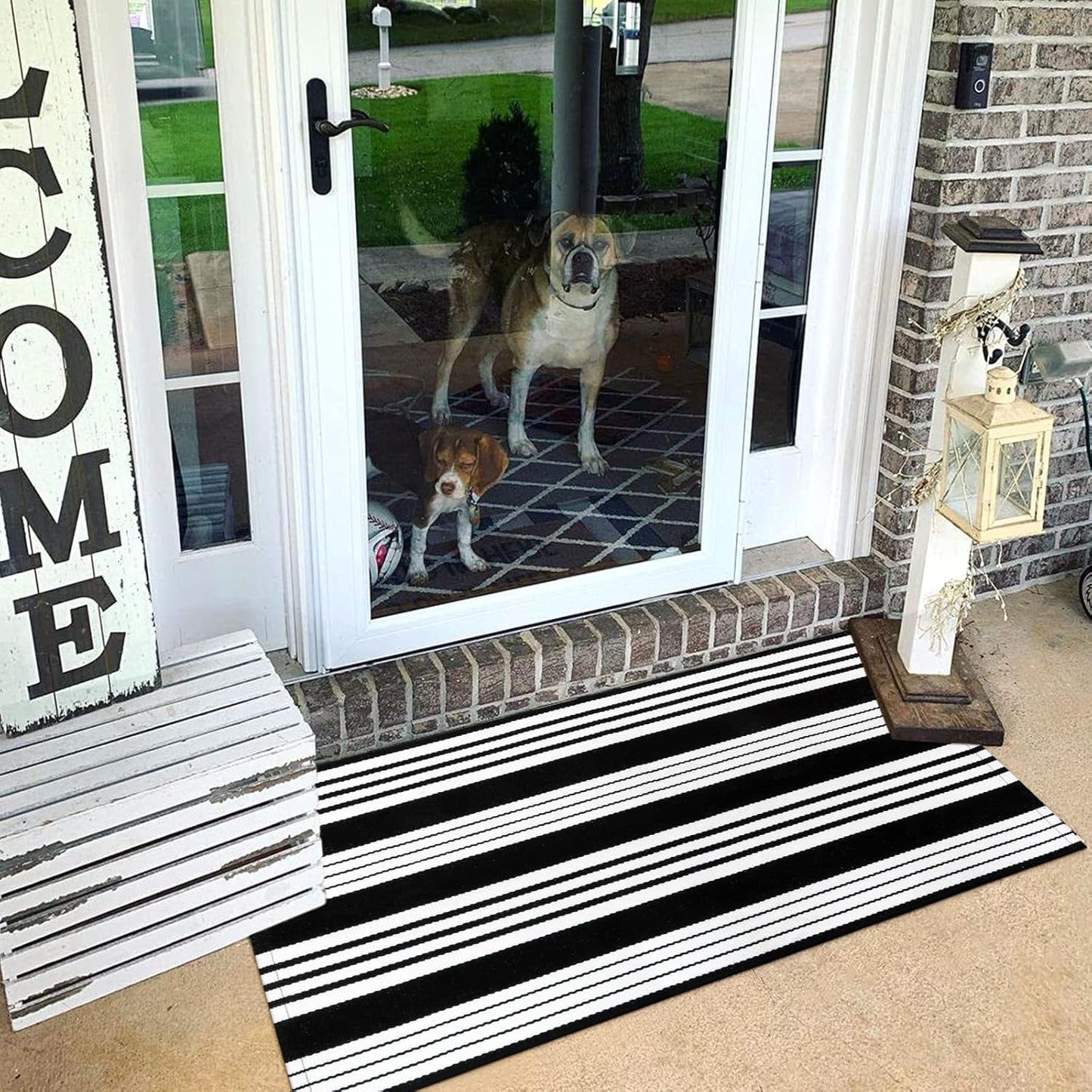 Black and White Striped Outdoor Rug, 2’ x 4.3’ Cotton Hand-Woven Reversible Front Porch Rug Washable Front Door Mat Entryway Rugs Welcome Layered Doormat Carpet for Patio Farmhouse Kitchen