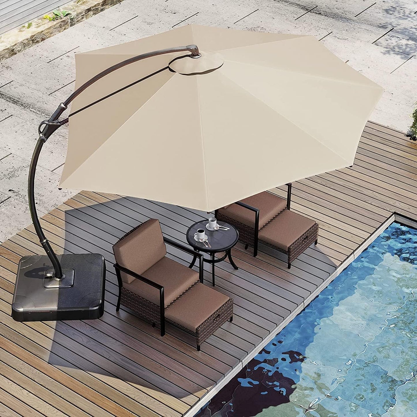 LAUSAINT HOME11FT Patio Cantilever Umbrella with Base Outdoor Curvy Round Offset Umbrella, Heavy Duty Aluminum Patio Umbrella with 360°Rotation and Windproof, for Garden, Pool, Deck, Backyard, Market(11 FT Champagne）
