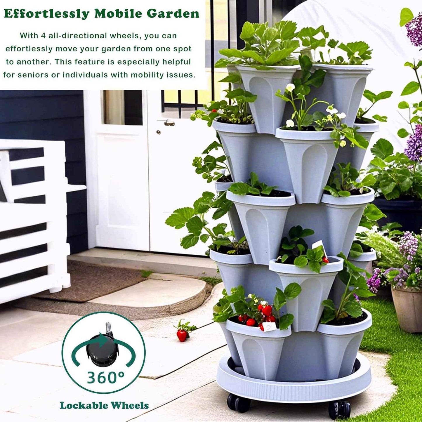 7 Tiered Strawberry Planters 2 Pack, Vertical Stackable Planter, Herb Stacking Tower Garden, Flower and Vegetable Planters with Support Pole Indoor & Outdoor with Removable Wheels - White