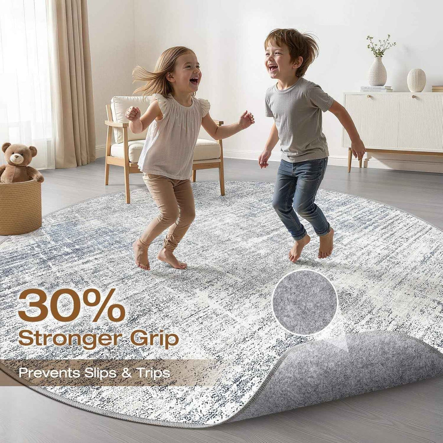 7ft Round Rug Living Room: 7x7 Washable Large Neutral Blue Circle Area Rug Abstract Soft Modern Stain Resistant Indoor Floor Non-Slip Carpet for Bedroom Nursery Kids Office Playroom Dining Room