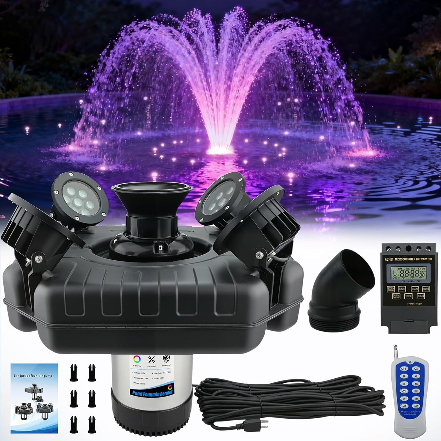 Pond Fountain Aerator with Light RGB LED, 1HP 750W Floating Fountain System for Outdoor Pond Lake, 110V 15000 GPH Fully Automatic Stainless Steel Fountain Pump with 4 LED Lights 100 Feet Power Cord