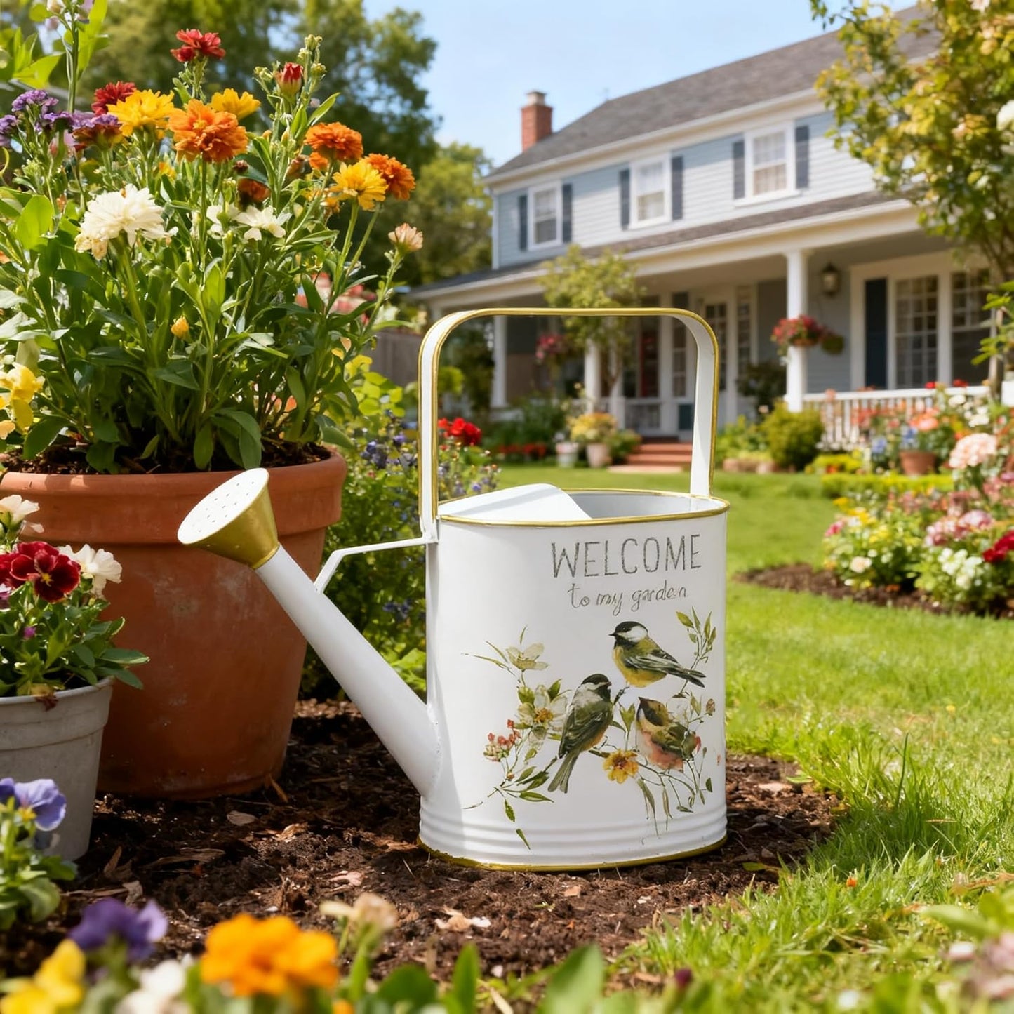 Vintage Decorative Metal Watering Can - Welcome to My Garden with Charming Bird & Floral Design, Rustic Farmhouse Watering Pot Planter for Indoor/Outdoor Plant Care