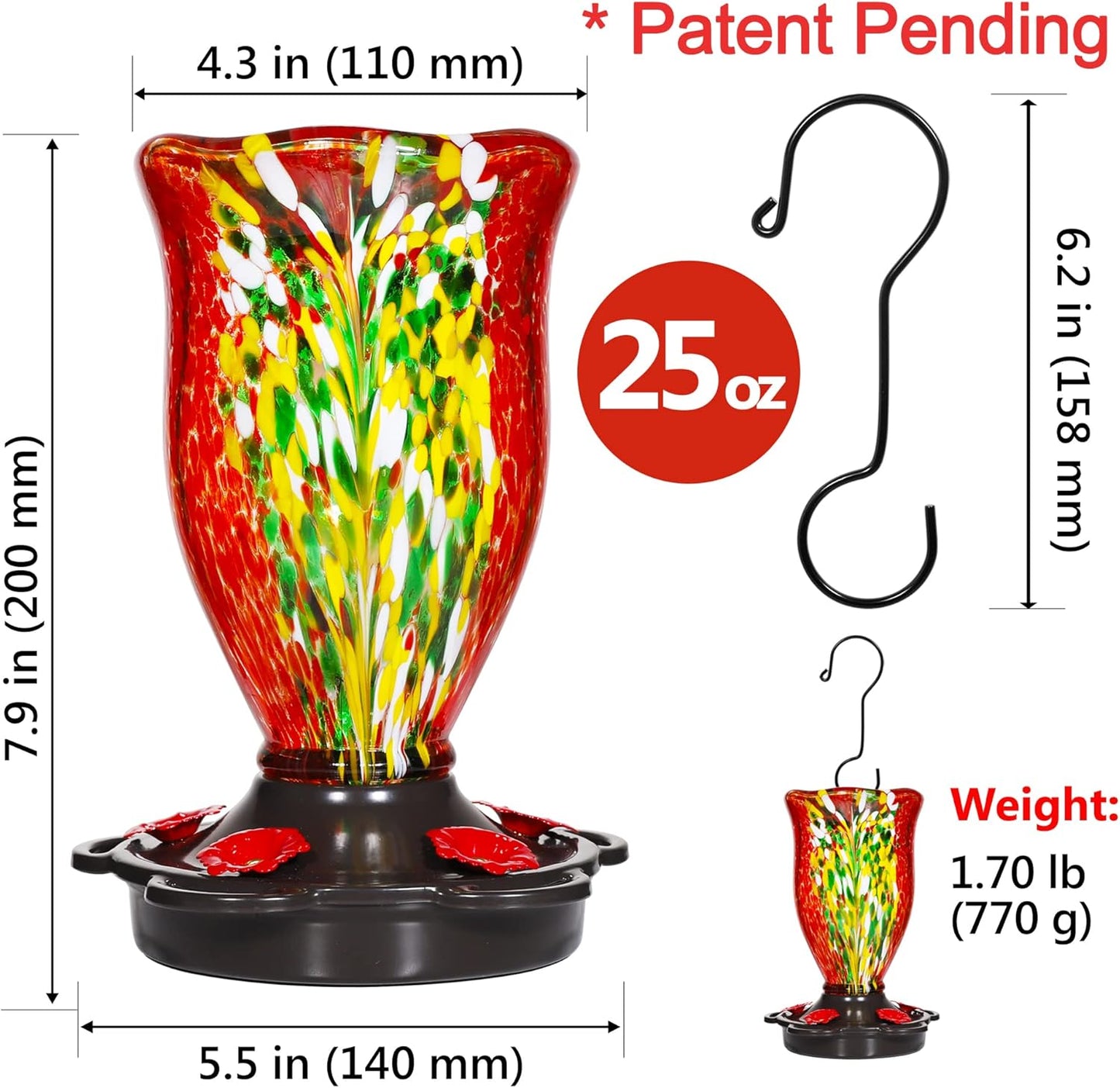 LUJII Hummingbird Feeders for Outdoors, Blown Glass Hummingbird Feeder for Outside Hanging with Ant Moat, Leak Proof & Anti Rust Metal Base, 25 fl.oz Capacity, Gifts for Bird Lovers or Gardeners, Red