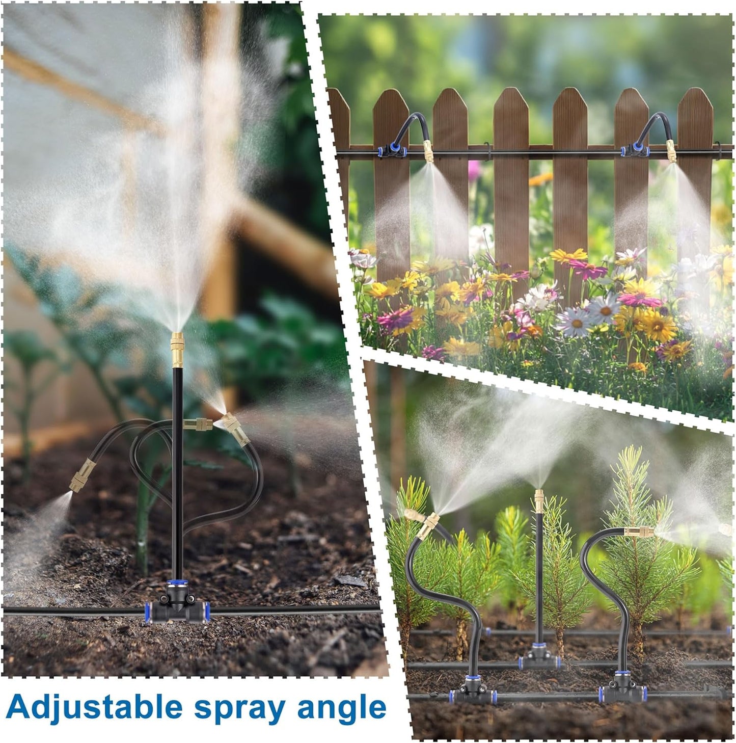 Mornajina Automatic Drip Irrigation Kits Garden Irrigation System, Includes 50FT 5/16 inch Irrigation Tubing Hose & 15Pcs 360° Bending Dropper Atomizing Mist Nozzles Tee for Garden Watering System