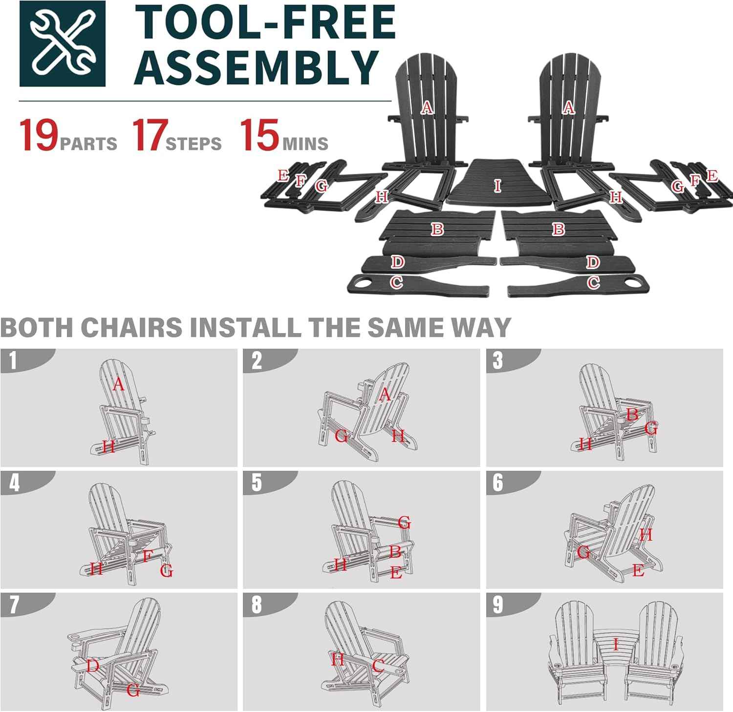 Adirondack Chairs Set of 2 Tool-Free Assembly,Removable Tabletop Tray,No Screws Needed,All-Weather HDPE Outdoor Patio Furniture Set with Cup Holders,Outdoor Lawn Chair for Patio Garden(Classic Black)