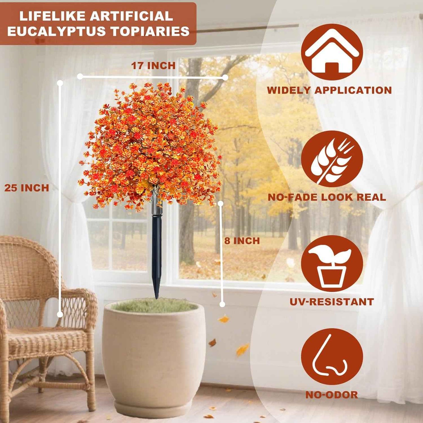2 Pack Artificial Boxwood Topiary Ball Trees with Fall Flowers & Ground Spikes for Outdoor, UV Resistant Artificial Shrubs Faux Plants Fake Bushes Look Real for Garden Porch Yard Patio