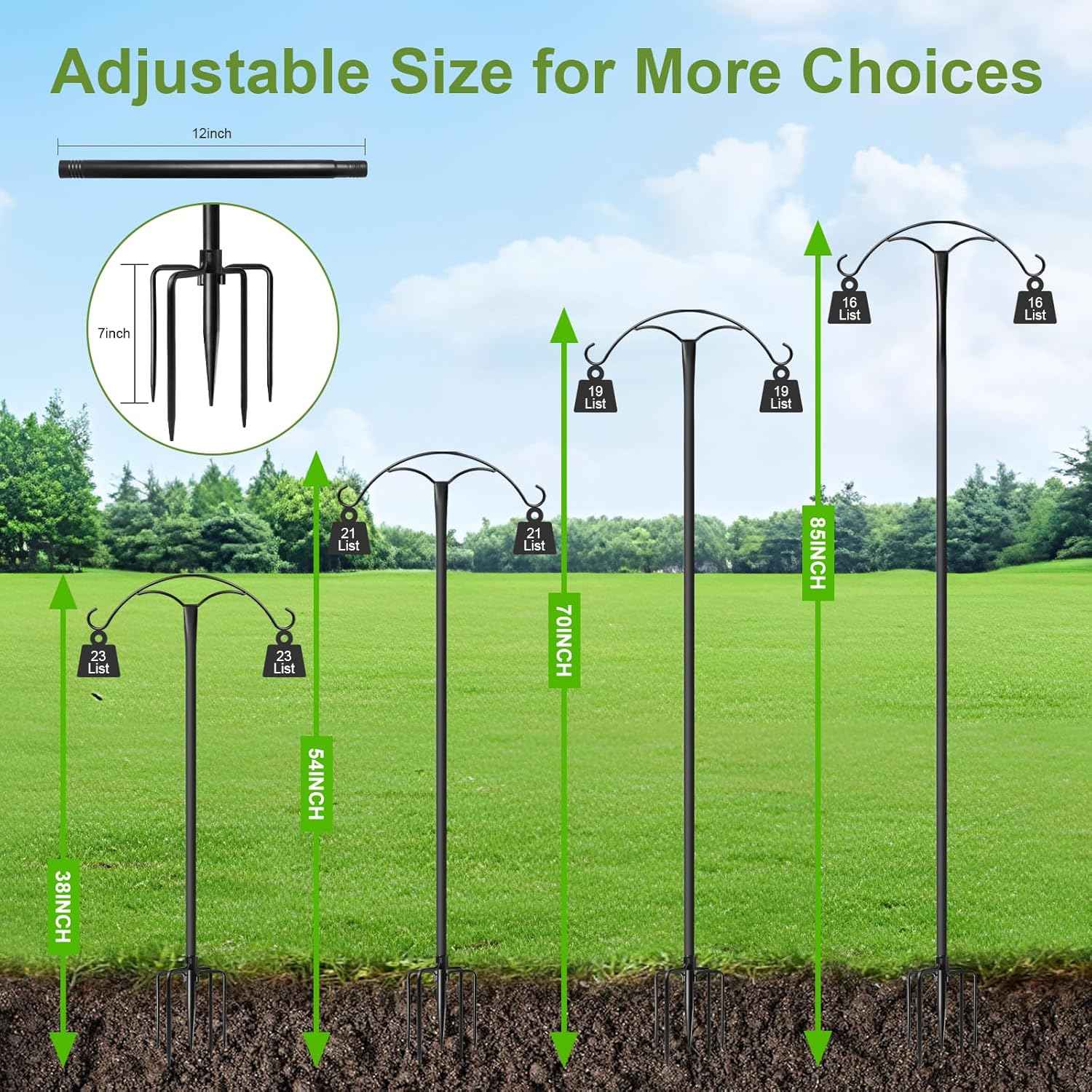 85 Inch Shepherds Hooks for Outdoor,Heavy Duty Shepherds Hooks for Outdoor with 5 Prong Base, Adjustable Stand Hanger for Garden Plant, Hummingbird Feeder, Lantern, Hanging Wedding Decor (2 Pack)