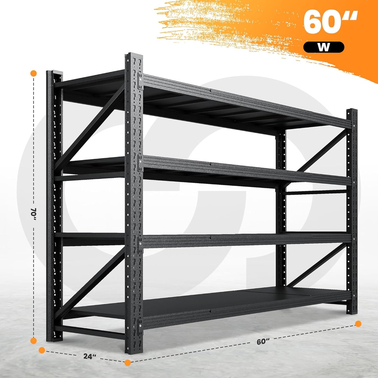 60” W Heavy Duty Garage Shelving, 5000LBS Metal Storage Shelves, 4 Tier Storage Rack Shelf, Steel Industrial Shelving, Adjustable Standing Shelf for Basement/Warehouse 60" W x 24" D x 70" H, Black