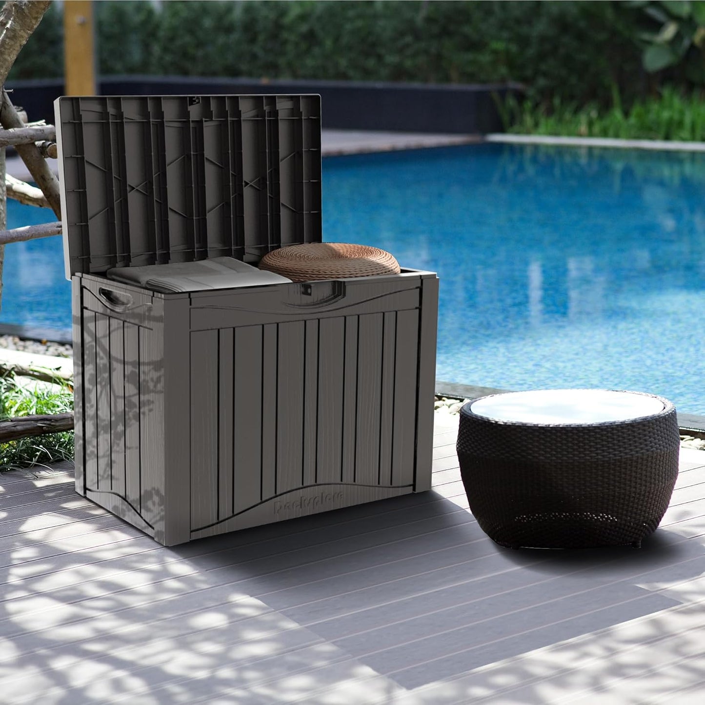 50GAL Brown Deck Box with Special Pattern & Lock Hole – Waterproof, SGS - Approved UV Resistance, Stylish Storage for Outdoor Cushions & Decor, Effortless Assembly