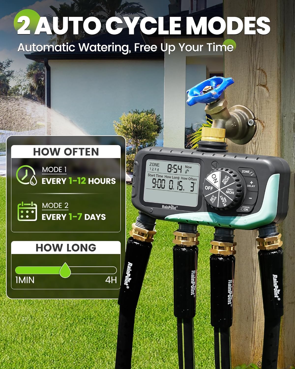 RAINPOINT Sprinkler Timer 4 Zone, Water Timer for Garden Hose, for Soaker Hose with Rain Delay/Manual/Automatic Watering System, Digital Irrigation for Yard, Lawn Brass Inlet
