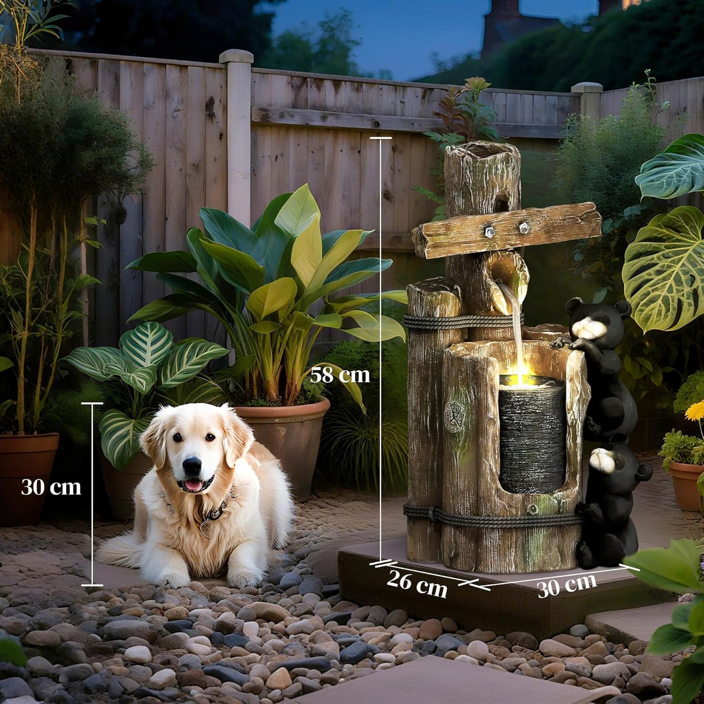 22.8" Outdoor Water Fountain, 3-Tier Resin Bears on Log Waterfall with LED Lights and Adjustable Pump, Rustic Floor Standing Garden Decor for Patio, Porch, Backyard, Brown