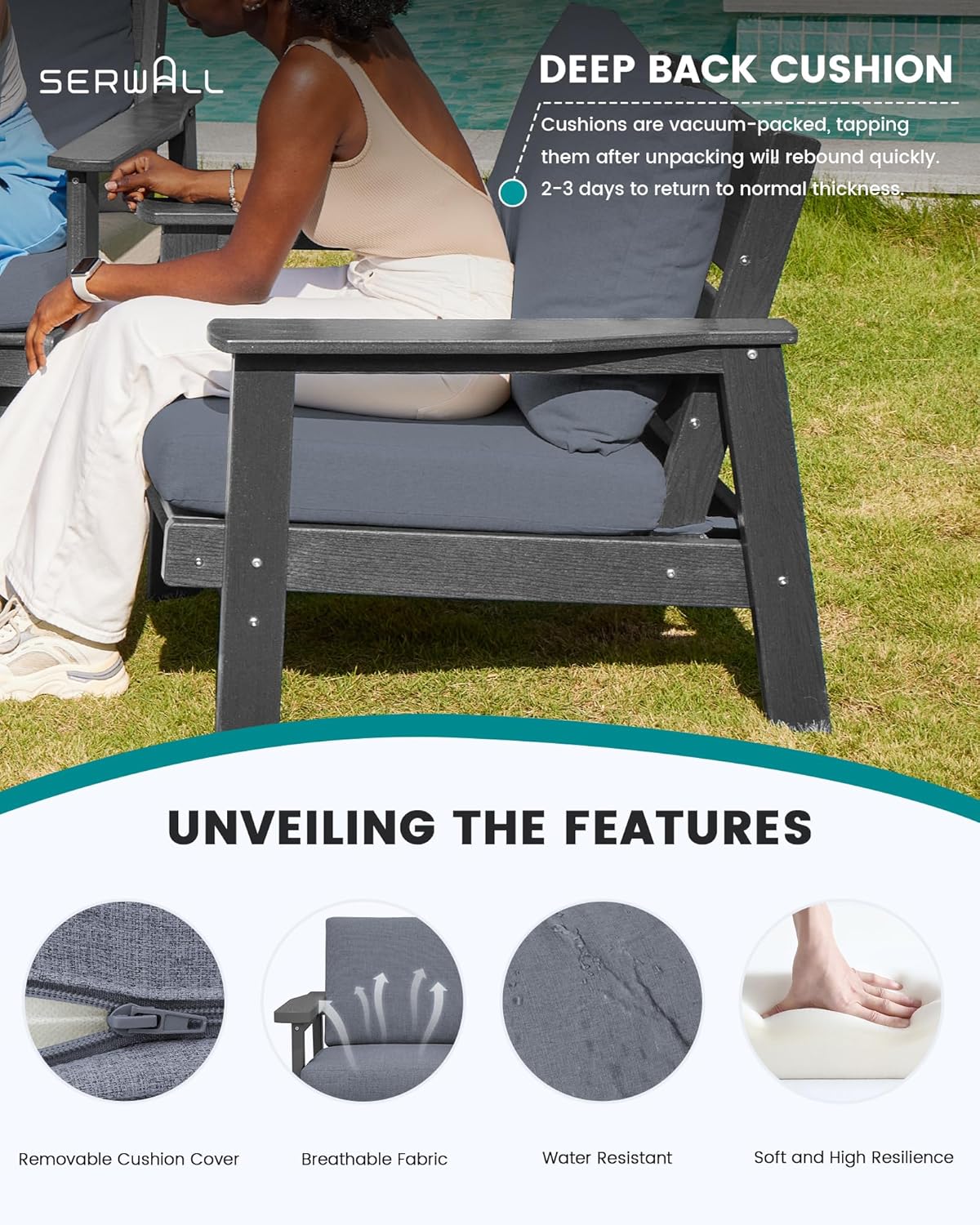 SERWALL 4 Piece HDPE Outdoor Furniture Set, All Weather Wood-Like Outdoor Sofa Sectional Couch, Grey Patio Furniture Set with Grey Cushions