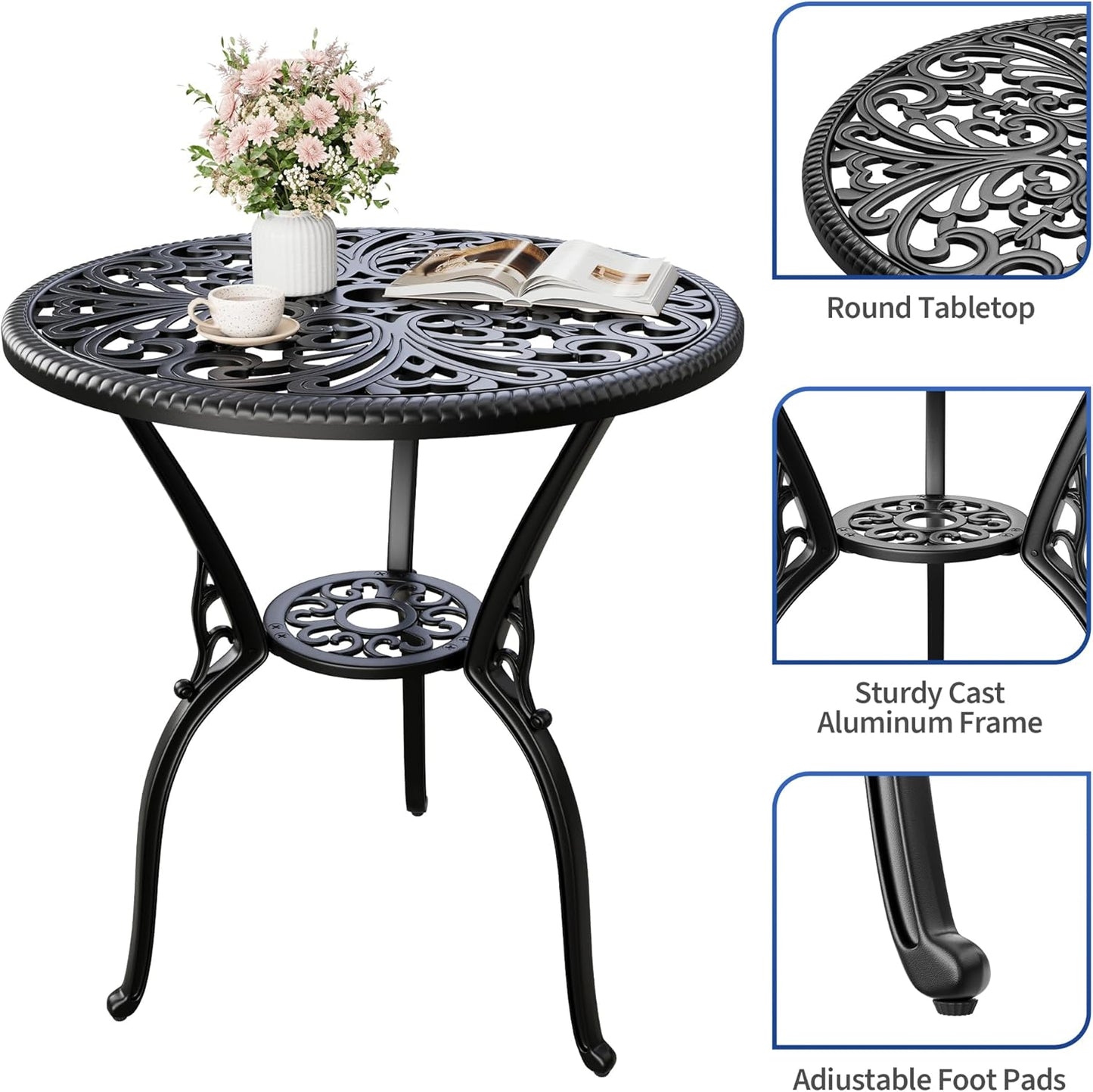 23" Round Cast Aluminum Patio Bistro Table, Outdoor Coffee Bistro Side Table with Umbrella Hole, Antique Design Dining Desk for Backyard, Garden, Porch, Pool, Balcony, Black