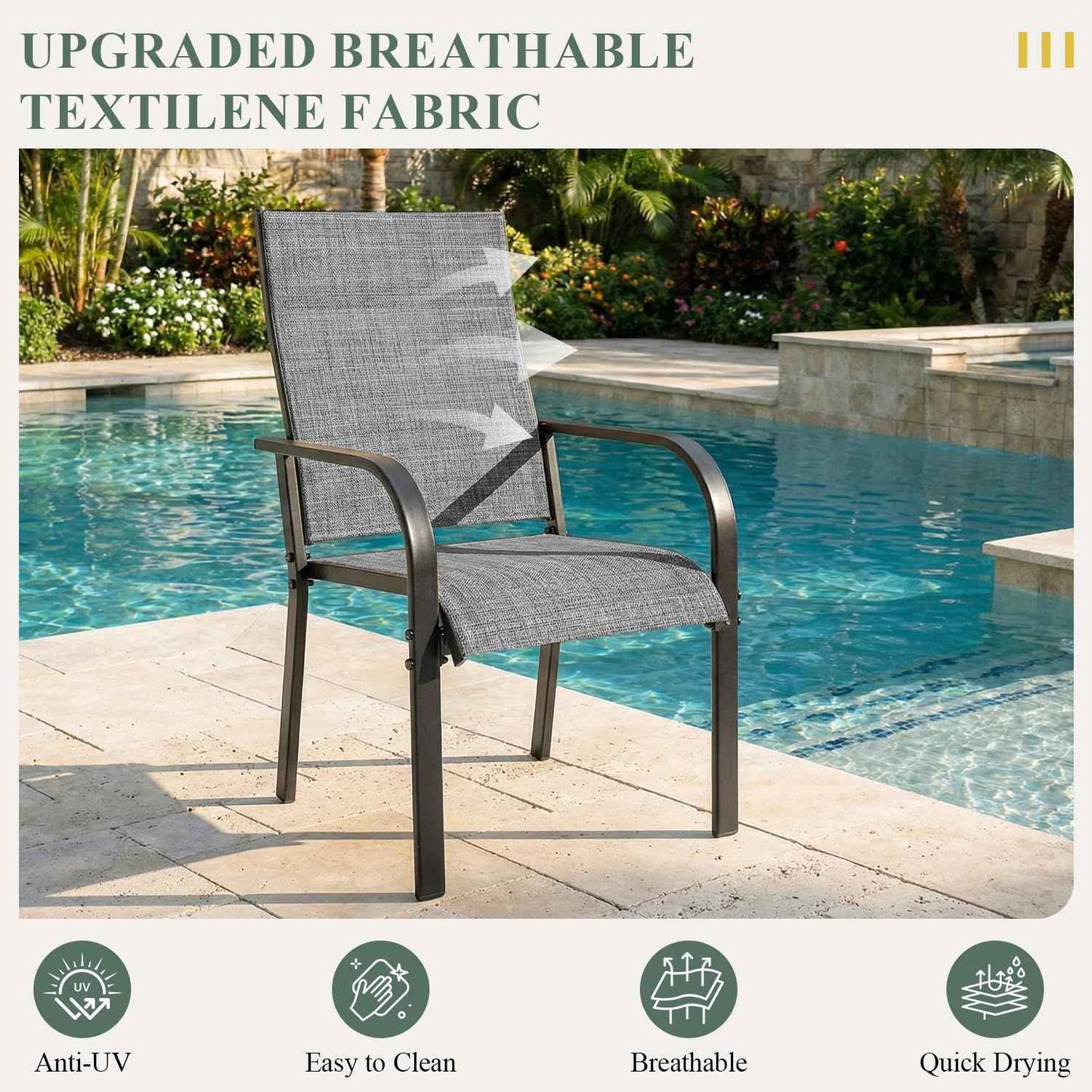 7 Pieces Patio Table and Chairs Set, 63" Metal Dining Table with Umbrella Hole & 6 Textilene Fixed Chairs, Dining Table Set for 6, Outdoor Furniture for Porch Deck Backyard Balcony, Grey