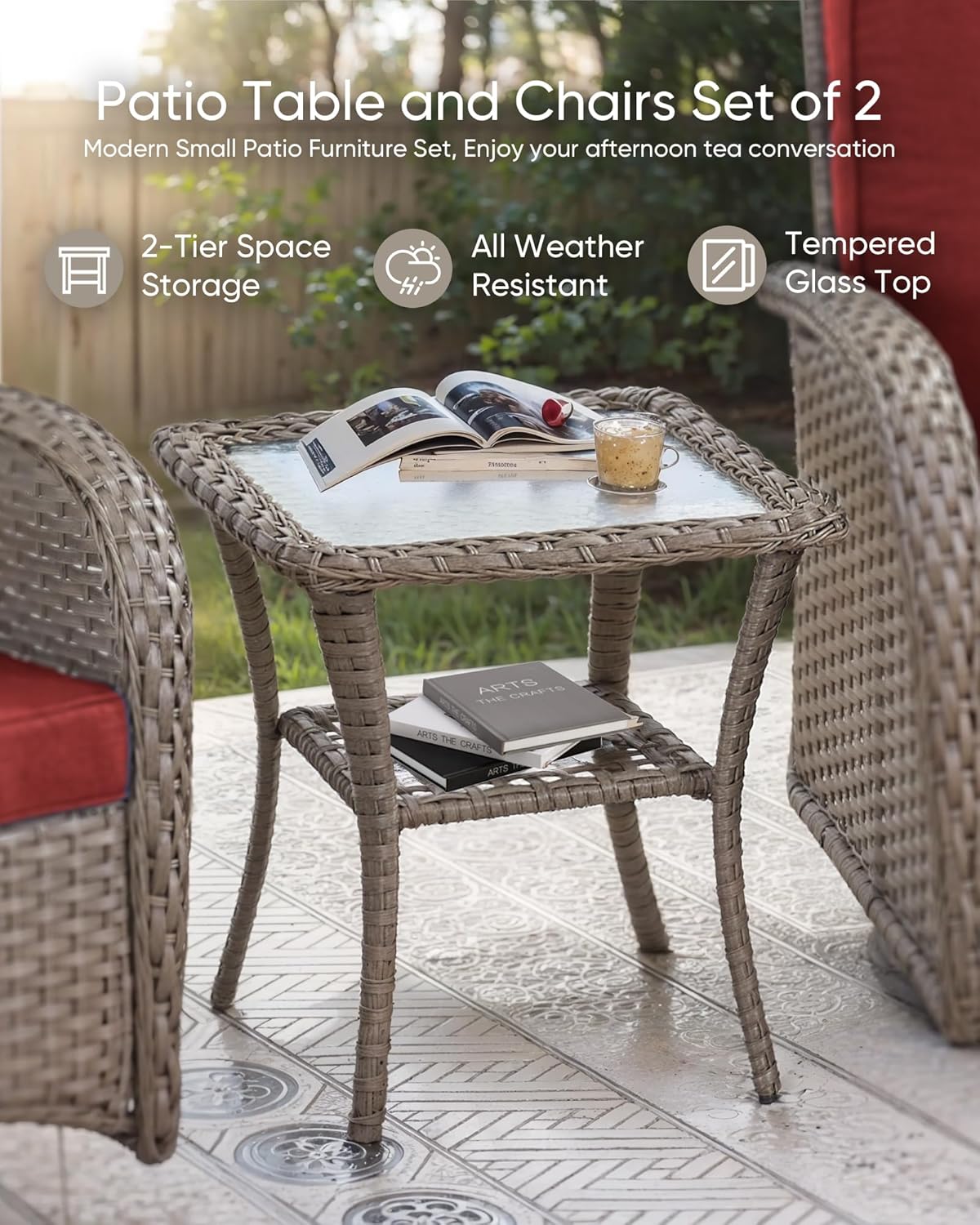HUMMUH Wicker Patio Furniture Set-All Weather Rattan Patio Sofa Set with Swivel Rocker Chairs Outdoor Conversation Set for Deck Lawn Porch Balcony Poolside-Grey/Red