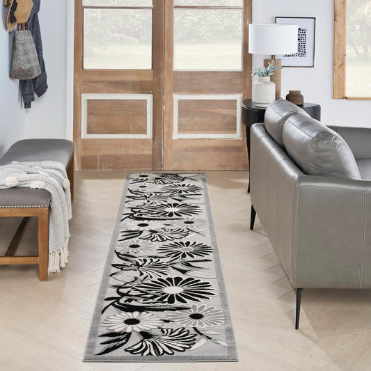 Nourison Home Aloha Black White 2'3" x 12' Area Rug, Easy Clean, Non Shedding, Bed Room, Living Room, Dining Room, Kitchen (12' Runner)