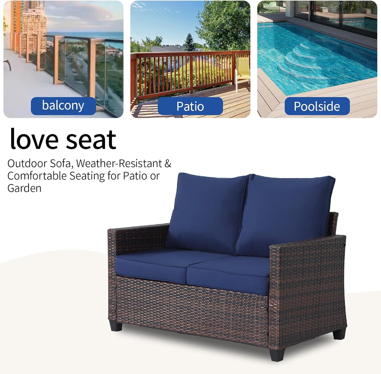 EortheX Outdoor Patio Loveseat,All-Weather Wicker Loveseat with Cushions – Rattan Outdoor 2 Person Sofa Furniture for Garden, Balcony, and Deck,Sectional Patio Love seat Sofa Set - Blue