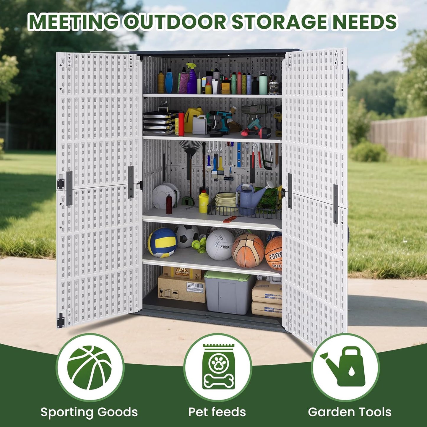 Greesum Outdoor Storage Cabinet Without Shelves, 45 cu.ft Outdoor Waterproof Storage Shed for Garden Tools, Pool Storage, Garbage Cans, White