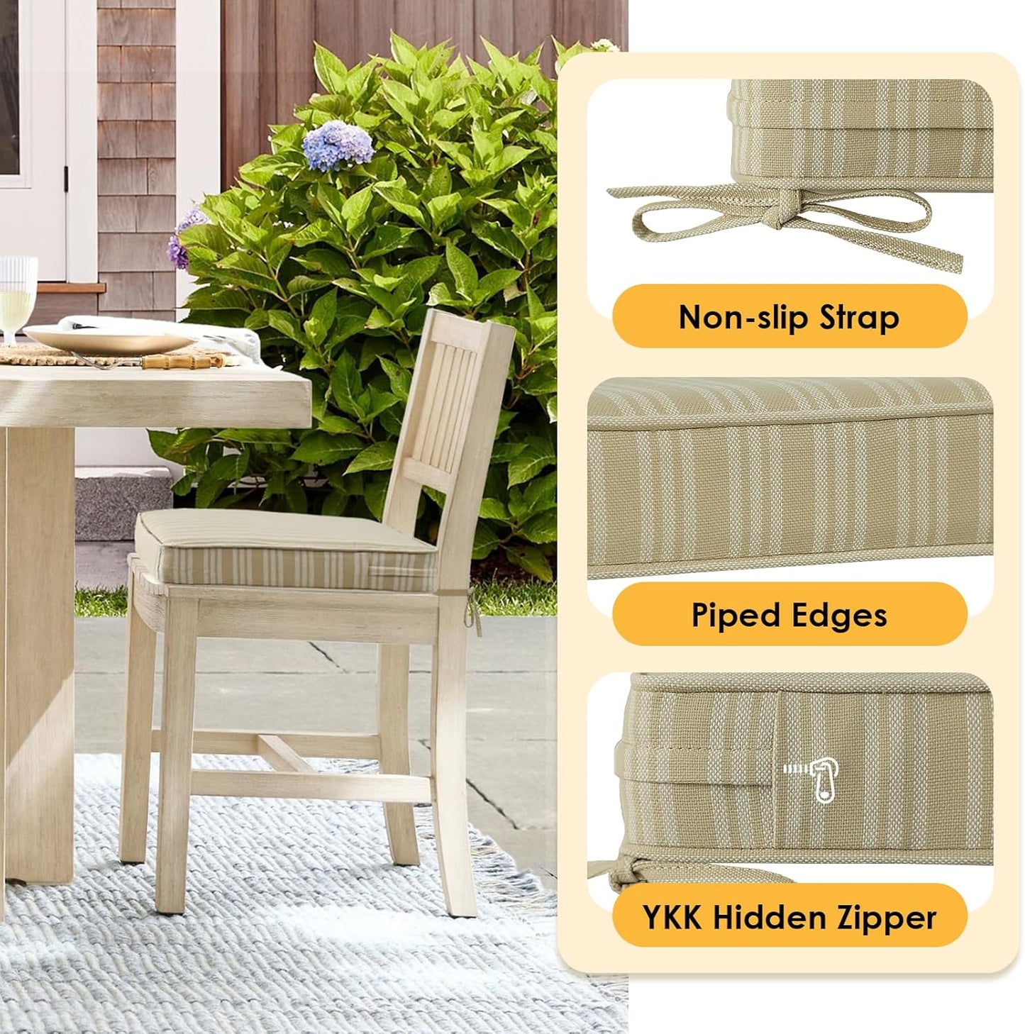 Outdoor Square Corner Seat Cushion, 18.5"x16"x3", Set of 4, Non Slip Seat Cushion Pads with Removable Cover for Patio Furniture, Garden Yard Lawn, Beige Brown Stripe