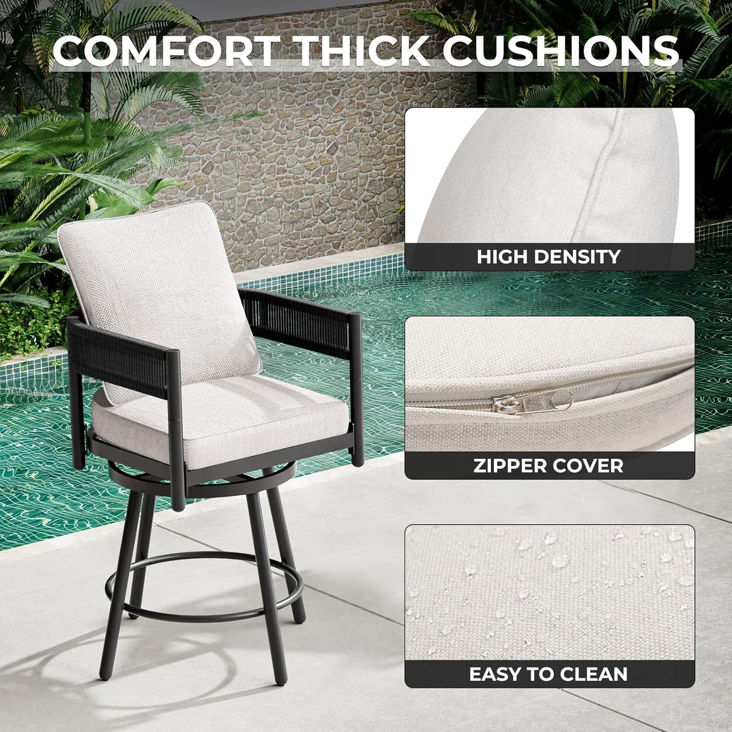 Grand patio Outdoor Swivel Bar Stools Set of 2, 26" Counter Height Swivel Chairs with Metal Frame, Curved Woven Wicker Backrest, Thickened Cushions for Patio, Deck, Balcony (Beige)