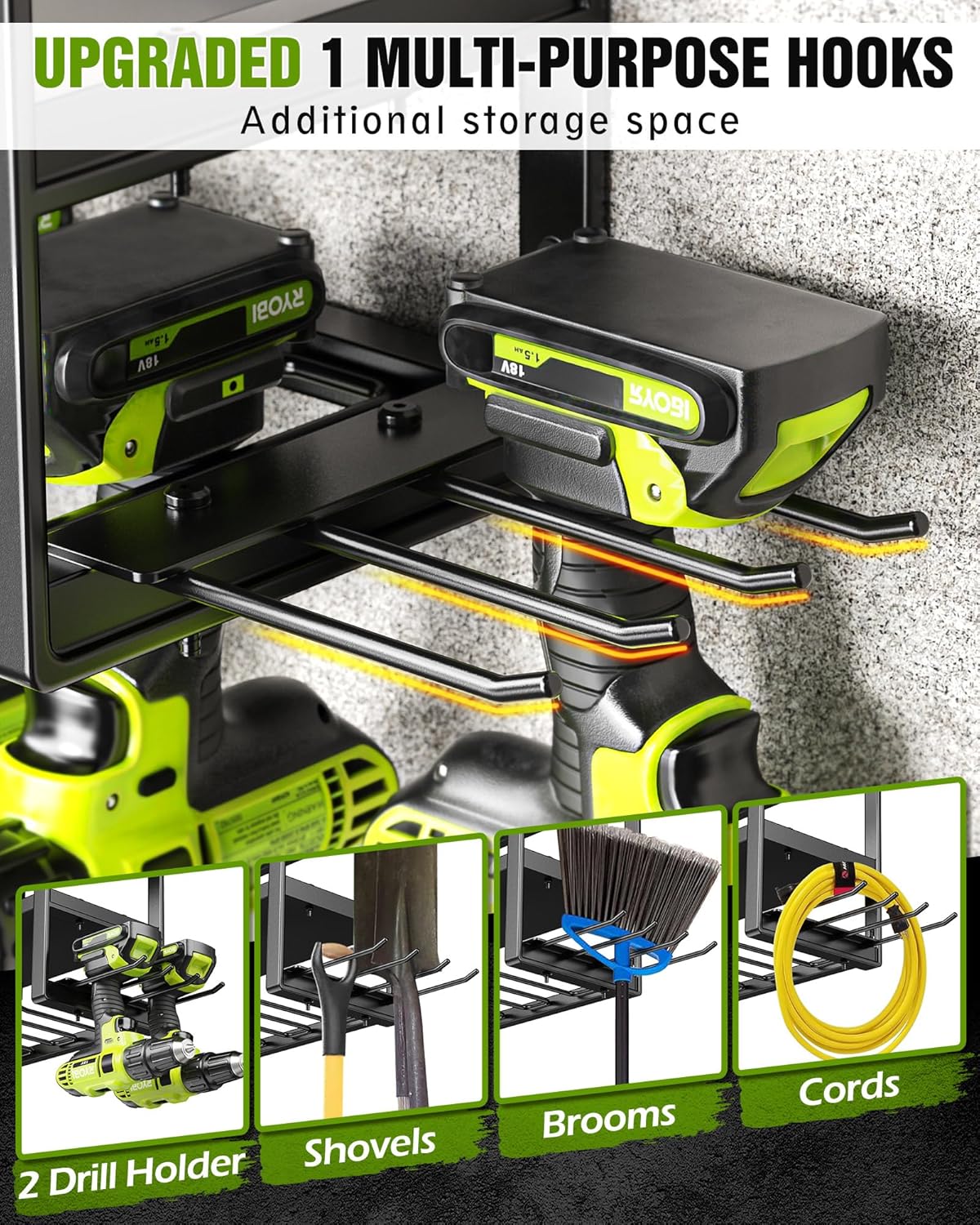 MAXIFFE 4 Layer Power Tool Organizer Wall Mount, Heavy Duty Metal Cordless Tool Organizers and Storage Rack Holder with 9 Drill Holders for Garage Storage Organization, Gifts for Men, Black, 26 inch