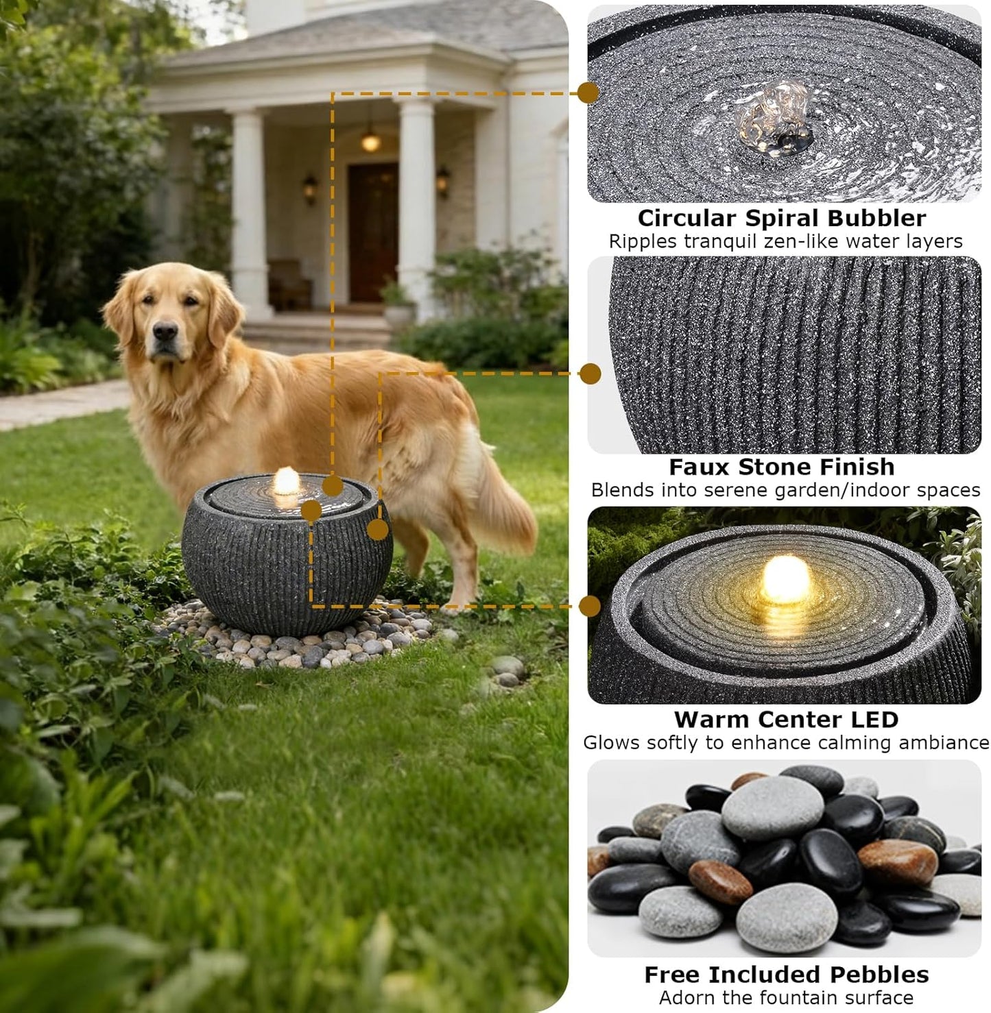 Water Fountain Outdoor Zen Garden Water Feature Outdoor Sphere Fountains for Patio, Deck, Yard, Porch, Home Decor,11.8" Lx11.8 Wx11 H