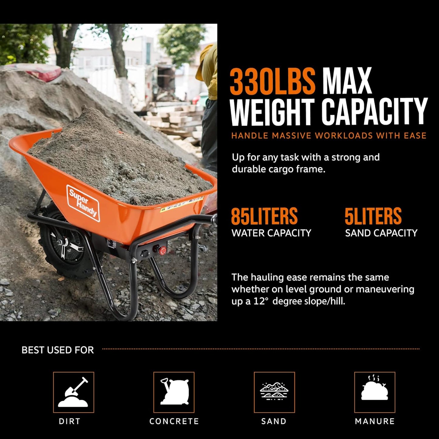 SuperHandy Wheelbarrow Electric Powered Utility Cart 330LBS Capacity Material Debris Hauler