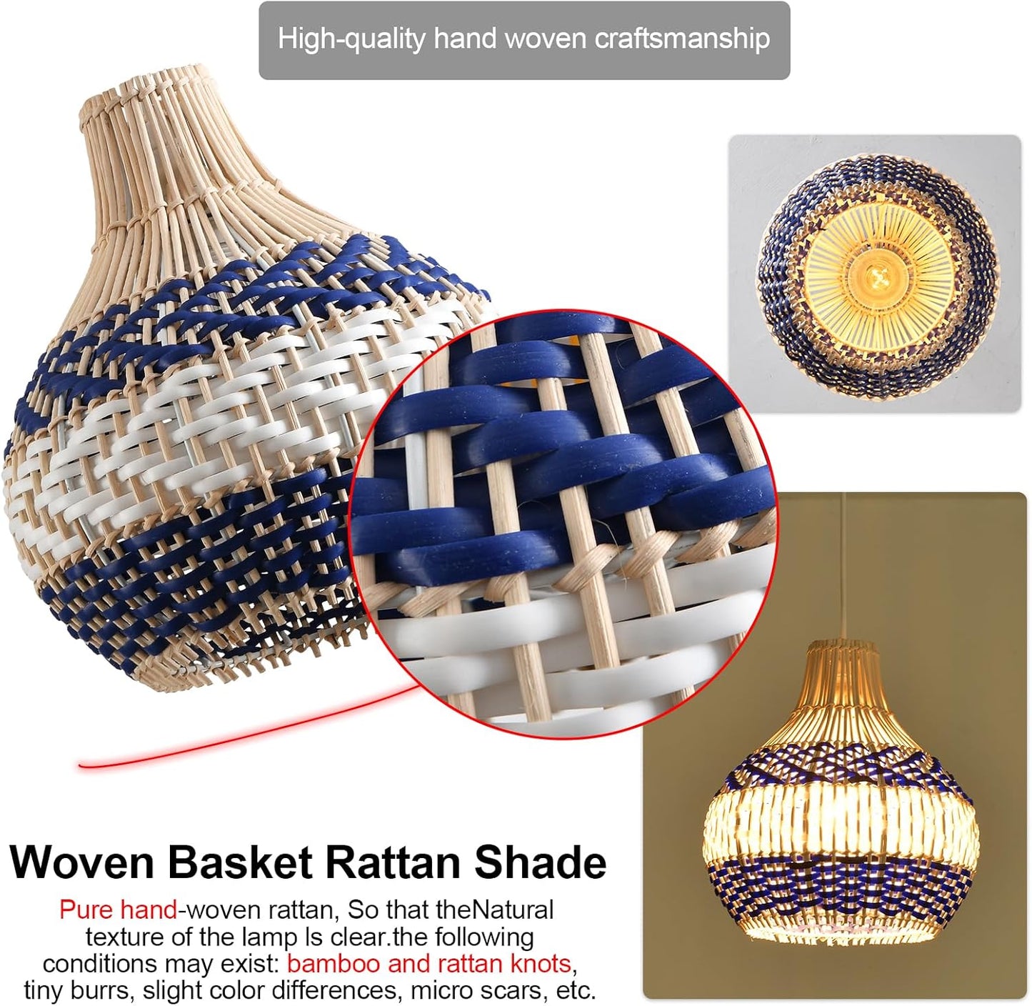 3-Light Rattan Pendant Light 15" Hand-Woven Blue White Wicker Basket Chandelier Boho Faux Rattan Hanging Light,for Living Room Bedroom Kitchen Hallway Dining Farmhouse 1-Pack