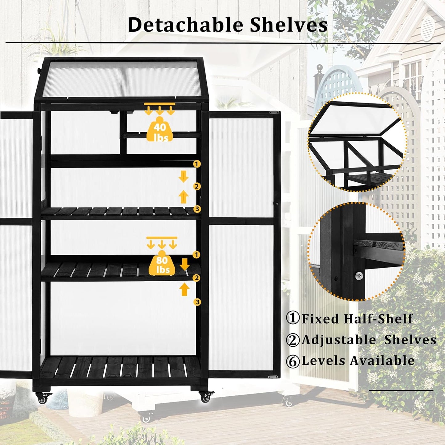 UMISOL 62" H Wooden Greenhouse, Balcony Portable Cold Frame with Wheels and Adjustable Shelves, Large Greenhouse for Outdoor Indoor Use, Black