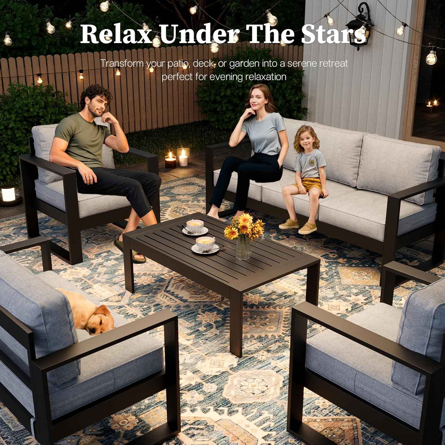 5 Piece Modern Aluminum Patio Furniture Set, Outdoor Patio Sectional Conversation Metal Seating Sets with Olefin Cushion and Coffee Table