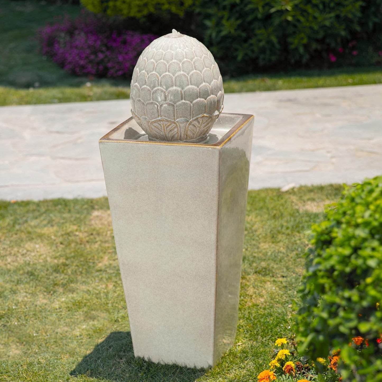 Glitzhome Ceramic Outdoor Water Fountain with LED Light, Oversized Artichoke Pedestal Water Fountains with Submersible Pump, Patio Fountain Waterfall for Garden Patio Deck Porch, Sand Beige, 35.75" H