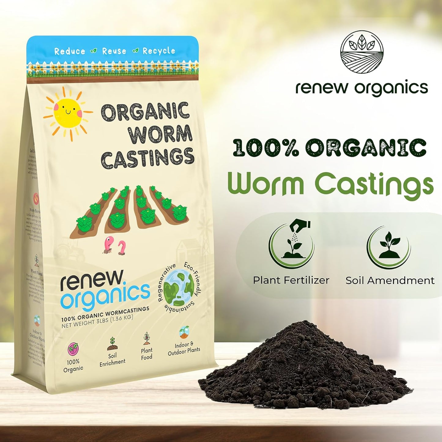 100% Organic Worm Castings (3lbs) - Earthworm Fertilizer & Soil Amendment for Indoor Outdoor Plants Gardens Vegetables - Odorless Non-Burning Pet Safe