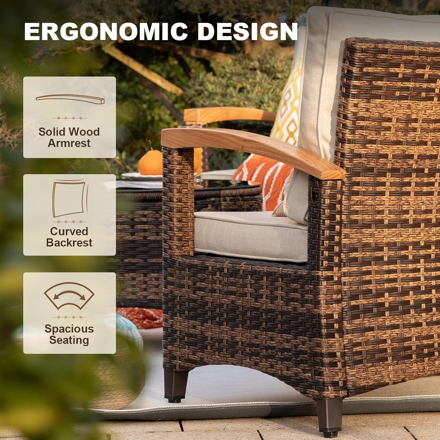 8 Piece Outdoor Patio Furniture Set, Half-Moon Curved Sectional Set with Wood Armrests, 2 Half-Moon Ottomans, Round Table (Brown)