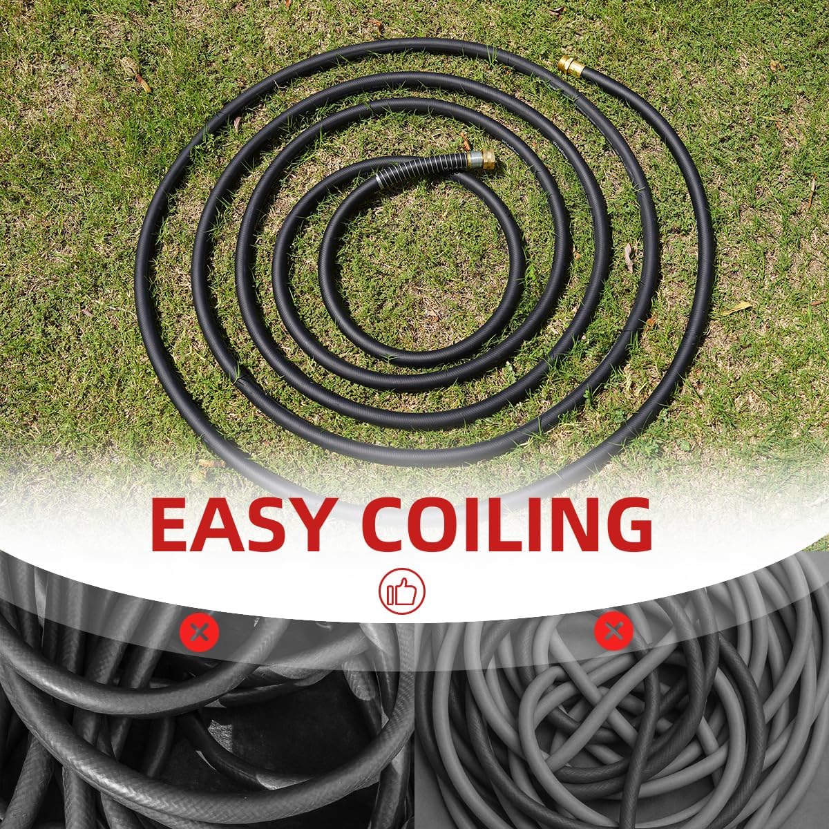WiseFlow Garden Hose 90FT x 3/4", Heavy Duty Rubber Hose, 1000PSI Burst, 300PSI Working, Water Hose with Five Layered Braiding, Male Female Fittings (Black)