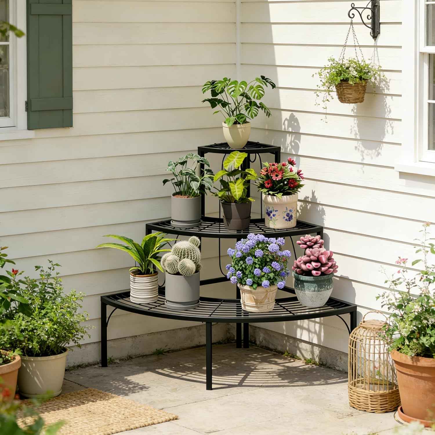 Plant Pot Stand Shelf, 3 Tier Flower Quarter Display Rack, Metal Succulent Plants Storage Holder for Outdoor and Indoor, Black