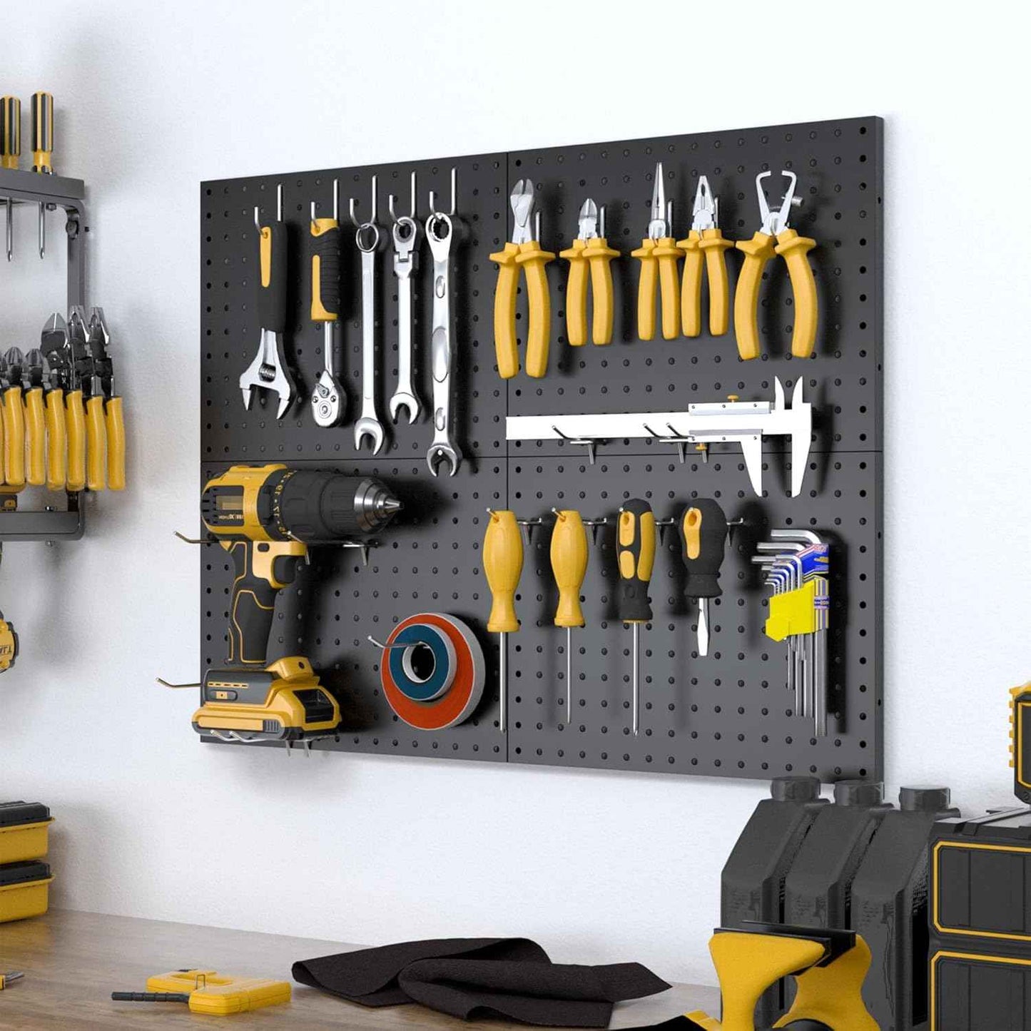 Spampur Peg Board, 4 Pack Metal Pegboard Panels with 50 Hooks, Black Pegboards Wall Organizer, Heavy Duty Peg Board for Walls Home, Garage Tool Storage, Office Organization, Craft Room, Kitchen