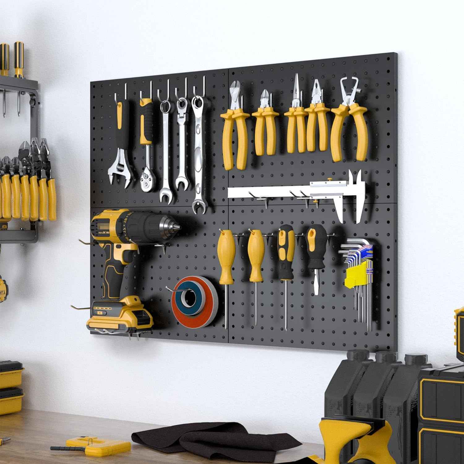 Spampur Peg Board, 4 Pack Metal Pegboard Panels with 50 Hooks, Black Pegboards Wall Organizer, Heavy Duty Peg Board for Walls Home, Garage Tool Storage, Office Organization, Craft Room, Kitchen