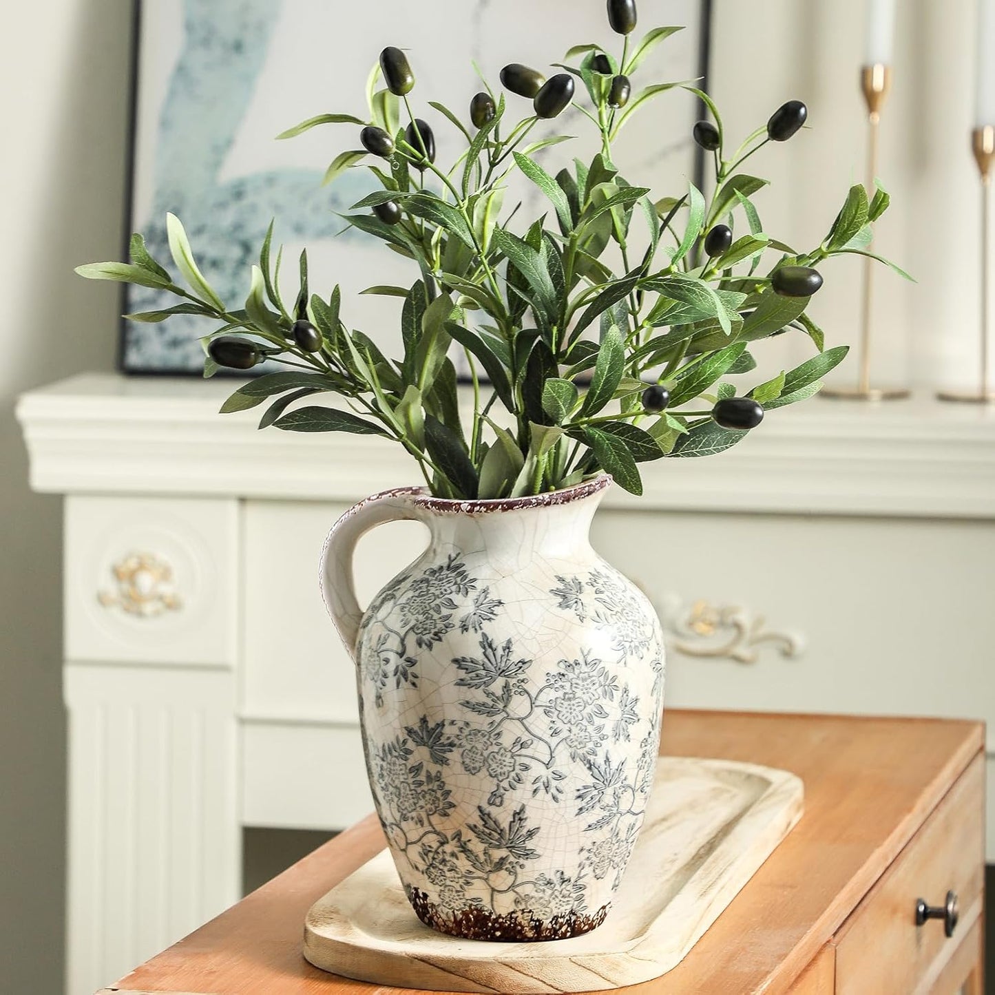 Enra Vintage vase with Handle,Blue and White Ceramic Decorative Flower vase, Chinoiserie Floral Vase,Large Rustic Vases for Home Decors, Living Room, Bookshelf, Office，9.7 inch