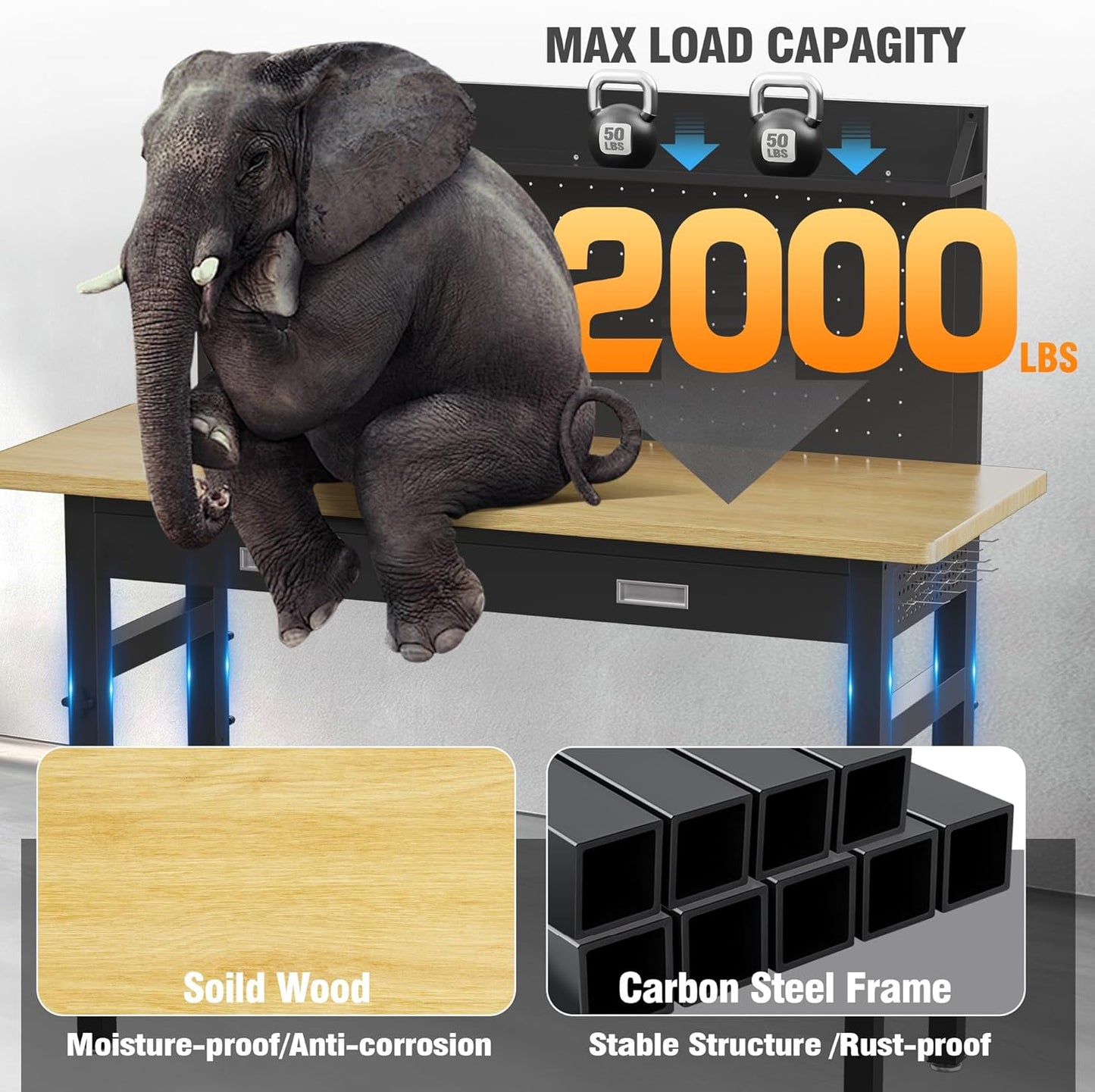 TITIMO 60" Adjustable Workbench with Drawers, Work Benches for Garage with Pegboard, 2000 LBS Heavy Duty Rubber Wood Tabletop with Power Outlet, Rolling Work Table with Wheels for Workshop, Office