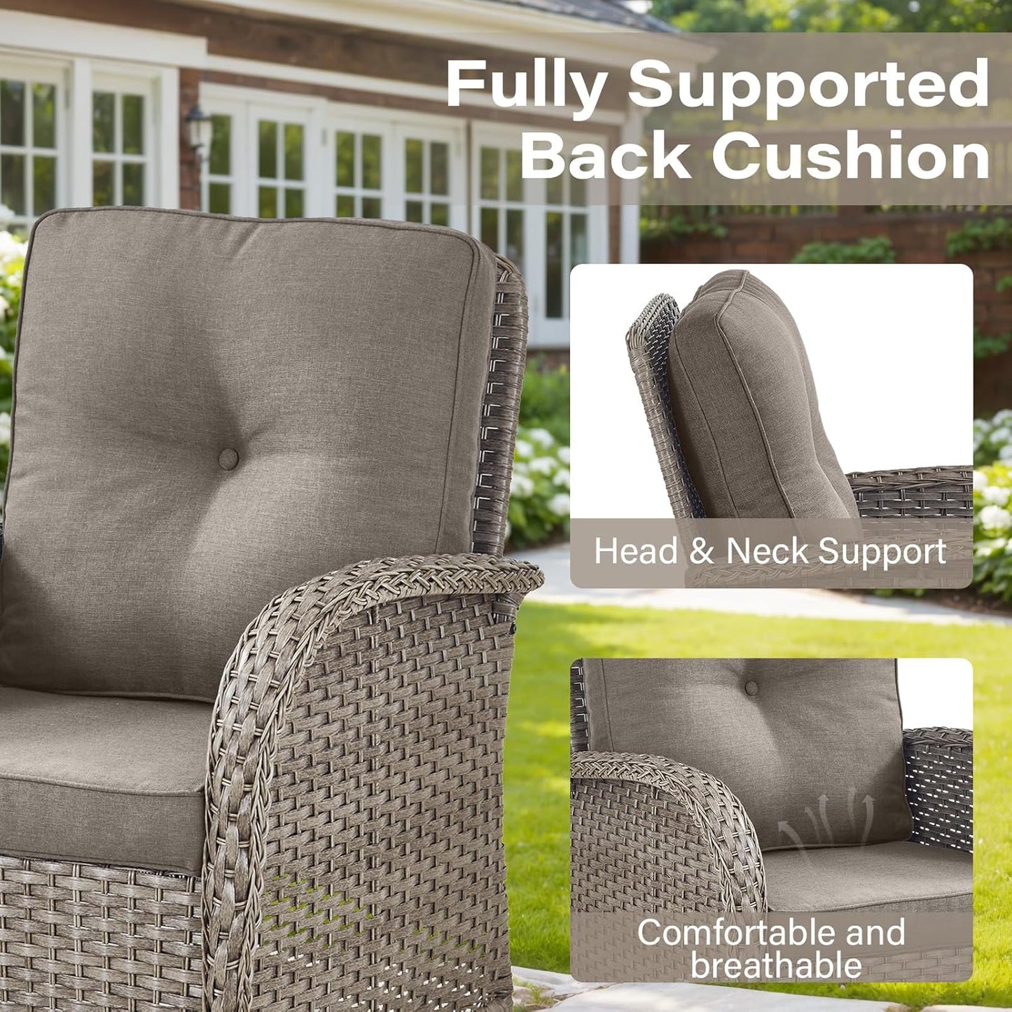 8 Piece Patio Furniture Set with 50000 BTU Propane Fire Pit Table, Outdoor Conversation Set with 2 Swivel Rocker Chairs Wicker Sofa and Ottomans for Casual Gatherings Grey Wicker