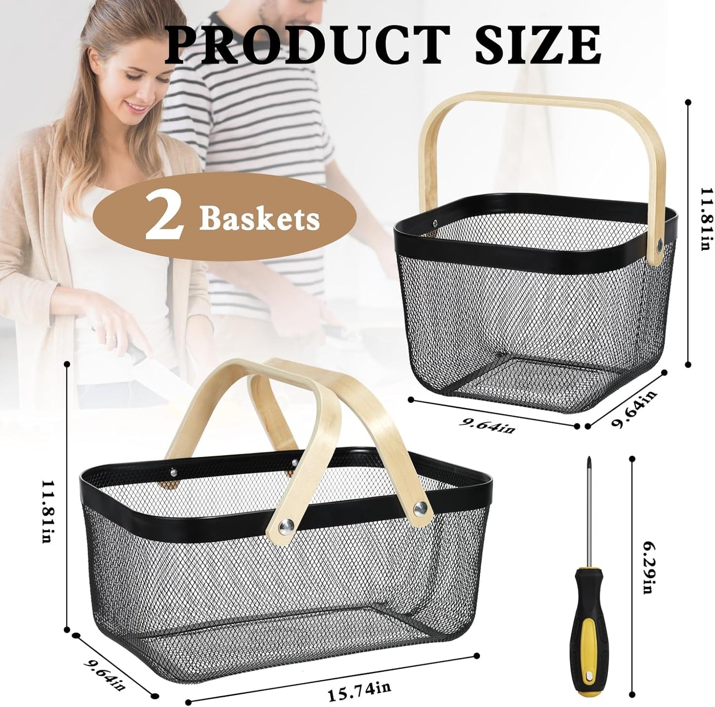 2 Pack Garden Harvest Basket, Metal Mesh Wire Picnic Basket with Handle, Rectangle Garden Baskets for Gathering Vegetables, Fruits, Kitchen, Home Cabinet Closet and Office(Black)