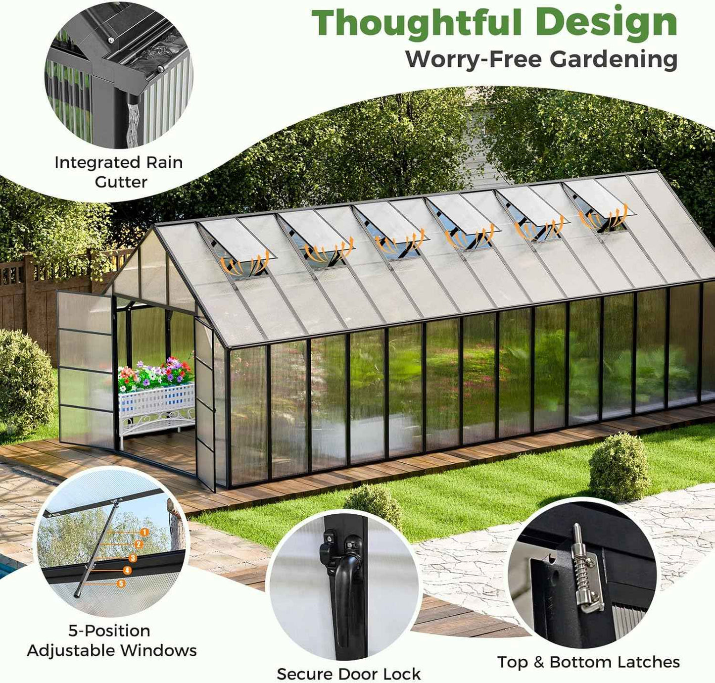 WACASA 28x10x10 FT Greenhouse for Outdoors, Thickened Aluminum Polycarbonate Greenhouse Kit with 6 Vent Windows, Swing Door, Easy Assembly Walk-in Greenhouse for Patio and Backyard