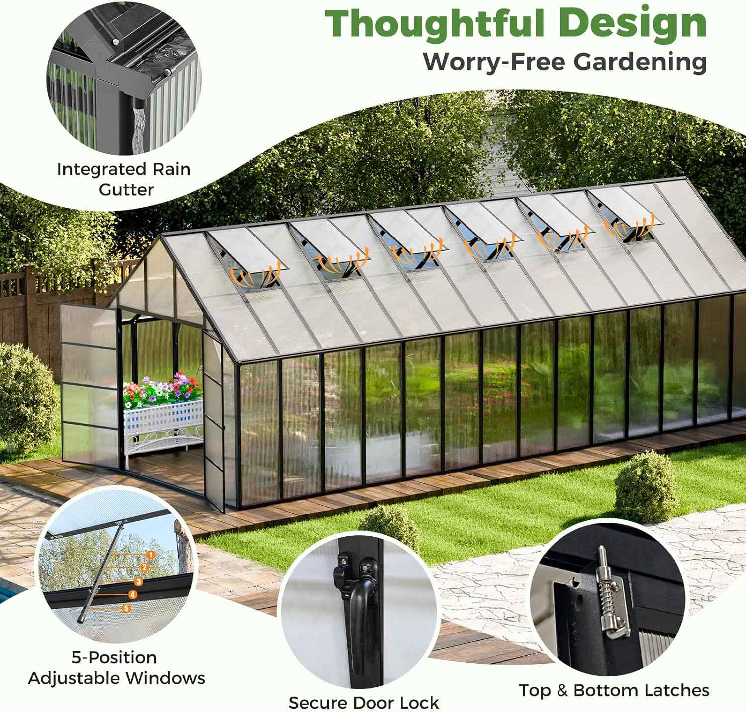 WACASA 28x10x10 FT Greenhouse for Outdoors, Thickened Aluminum Polycarbonate Greenhouse Kit with 6 Vent Windows, Swing Door, Easy Assembly Walk-in Greenhouse for Patio and Backyard