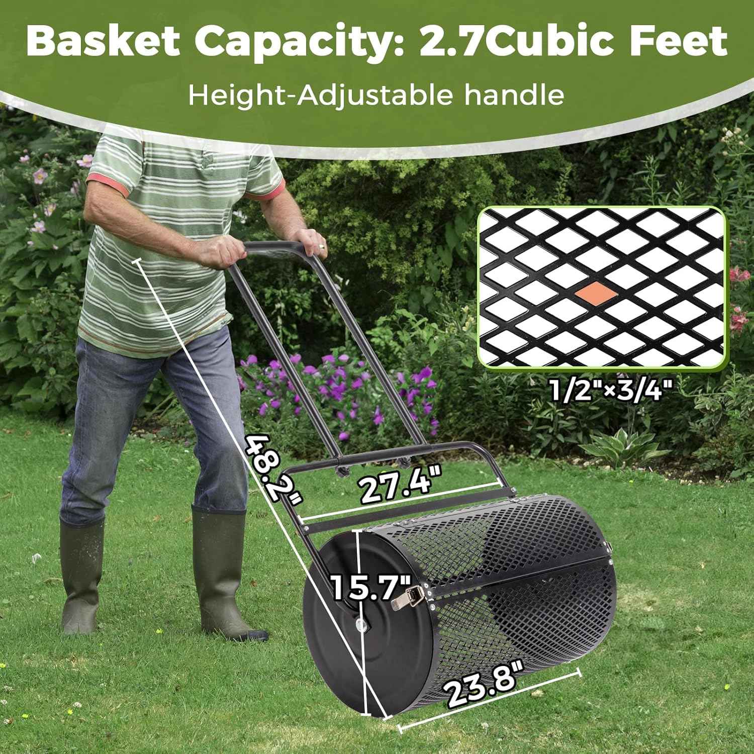 Outvita Compost Spreader, 24" Wide Lawn and Garden Peat Moss Roller with Side Latches, Powder Coated Steel Mesh Basket for Spreading Manure Mulch Topsoil