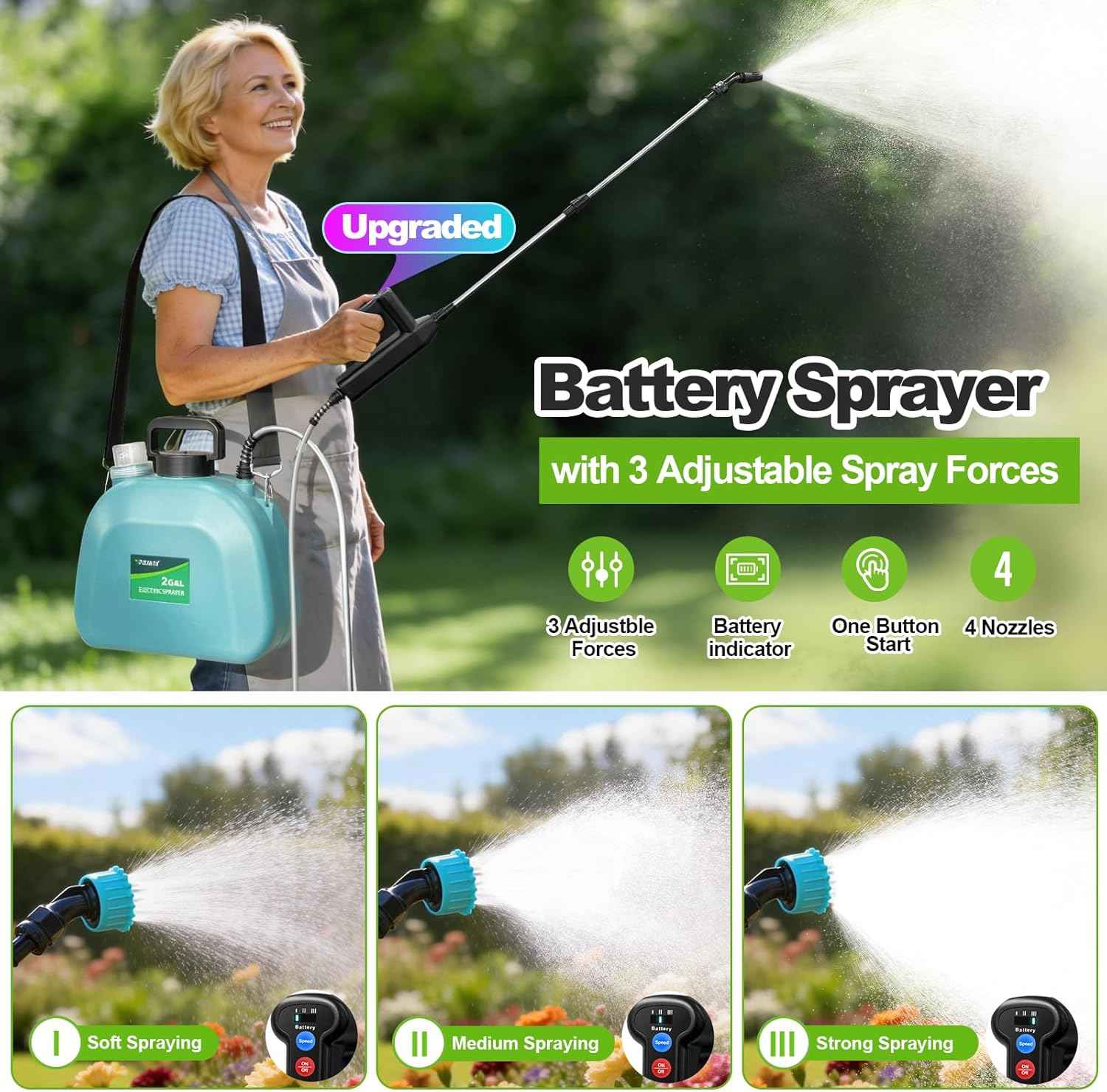 VAXMAY Battery Powered Sprayer 2 Gallon, Upgrade Electric Garden Sprayer with 3 Adjustable Speed, Battery Indicator, 4 Mist Nozzles, Rechargeable Handle, Retractable Wand, Shoulder Strap for Weed Lawn
